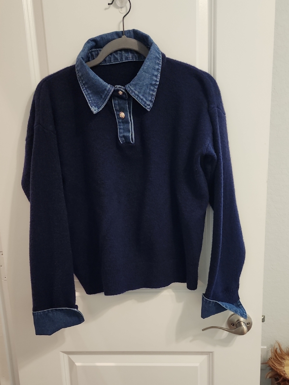 Navy Blue Oversized Womens Collared Pullover Sweater Polo Medium